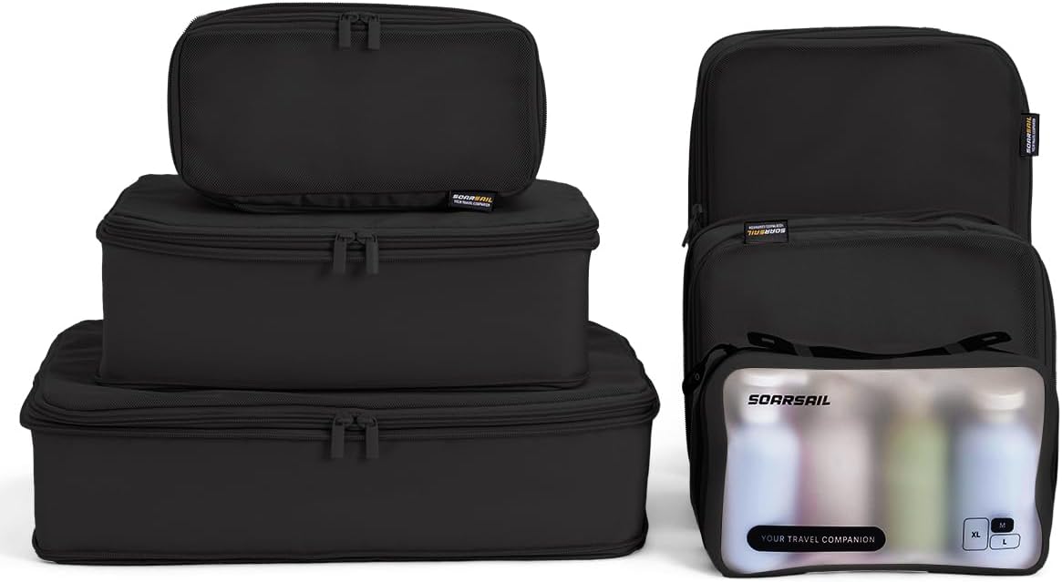 6 Set Compression Packing Cubes for Travel, Large Medium Small Luggage Organizers, Storage Bags for Clothes (6 Pack, Jet Black)