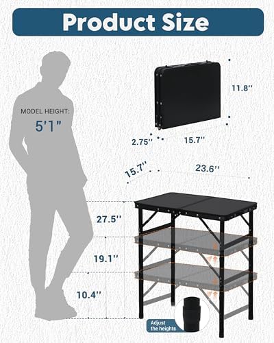 LOFTEY Small Folding Table, 2 ft Portable Camping Table, Adjustable Height
