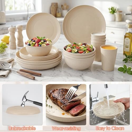 16pcs Plastic Dinnerware Set for 4 People Camping Plates and Bowls Set