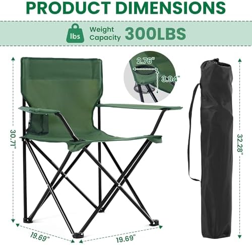 4 Pack Folding Camping Chairs for Adults, Foldable Portable Beach Chairs with Carry Bag & Cup Holder, Compact Design for Camping, Beach, Picnics, and Fishing Supports 300LBS（Green）