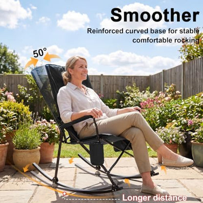 Romswi 2 Pack Folding Rocking Camping Chairs for Adults, Heavy Duty Outdoor Rocker with Breathable Mesh Back, Hard Armrests, Cup Holder, Supports 400 lbs for Patio, Lawn, Beach, Black