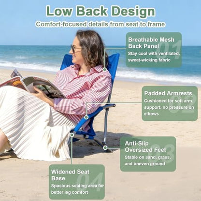 Romswi Low Beach Chairs for Adults 2 Pack, Lightweight Folding Sand Chairs with Breathable Mesh Back & Cup Holder, Portable Compact Camping Chairs, 300lbs Capacity,Blue