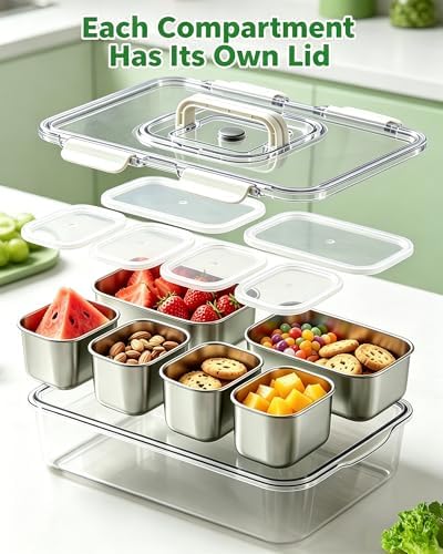Snackle Box Container, Stainless Steel Divided Serving Tray with Lid and Handle, Large Snack Tray for Fruit Veggie Candy, 6-Compartment Snack Platter for Travel Party Beach Picnic