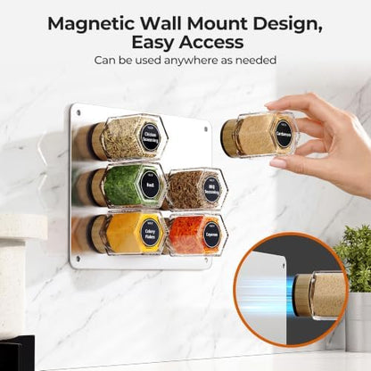 Vetacsion Set of 12 Magnetic Spice Tins with 2 Black Metal Wall-Plates,100 Preprinted Seasoning Label Stickers,2 Styles for 3 oz Herb Jars (12 PCS)