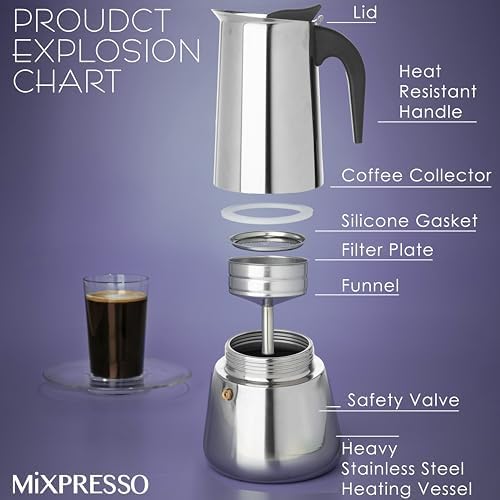 Mixpresso 12 Cup Greca Moka Pot, Stainless Steel Stovetop Espresso Maker