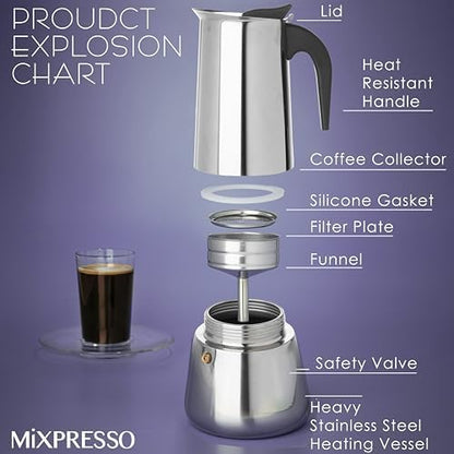 Mixpresso 12 Cup Greca Moka Pot, Stainless Steel Stovetop Espresso Maker