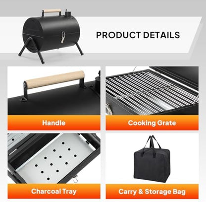 Outvita Portable Charcoal Grill with Thermometer, Dual-Sided Tabletop Black
