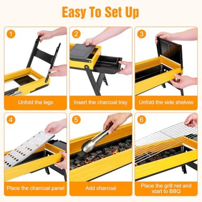 Portable Charcoal Grill, Small Stainless Steel Camping Tabletop BBQ Grill with Foldable Side Shelves, Compact Tabletop Barbecue with Carry Handle for Outdoor Picnic Backyard Beach Travel