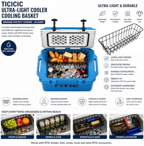 Cooler Basket for RTIC 22 QT Ultra-Light Cooler - Dry Goods Tray, Breathable Steel Wire Construction, No Condensation, Keeps Food Dry & Chilled, Outdoor Camping Beach Tailgate Accessories.
