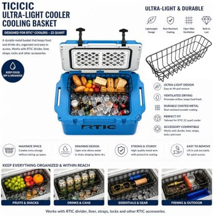 Cooler Basket for RTIC 22 QT Ultra-Light Cooler - Dry Goods Tray, Breathable Steel Wire Construction, No Condensation, Keeps Food Dry & Chilled, Outdoor Camping Beach Tailgate Accessories.