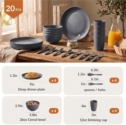 Wheat Straw Dinnerware Sets, Homienly 20pcs Unbreakable Microwave Dishwasher Safe Tableware Lightweight Bowls, Cups, Plates Set Reusable Dinner Plates Bowls set (Dark Grey)