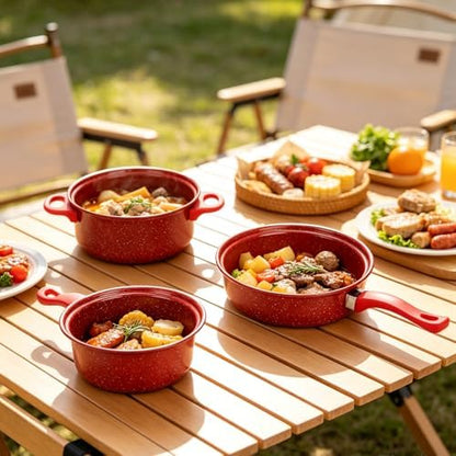 13 Piece Set Non-Stick Cookware Set, Portable Lightweight Cast Iron Pots and Pans with Glass Lids and Nylon Utensils for Outdoor Camping Picnic Travel Cookware