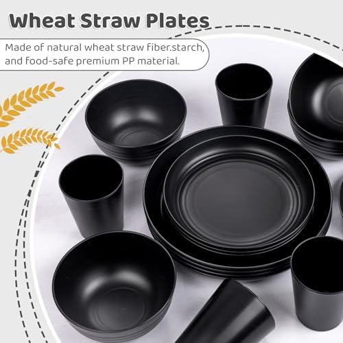 LIYH 16 Pcs Unbreakable Wheat Straw Dinnerware Set for RV & Dorm, Black