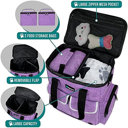 PetAmi Dog Travel Bag Pet Supplies Accessories Organizer for Traveling, Camping, Weekend; Cat Pet Travel Bag Kit Includes 2 Food Storage Containers, 2 Collapsible Bowls, 1 Feeding Mat (Purple)