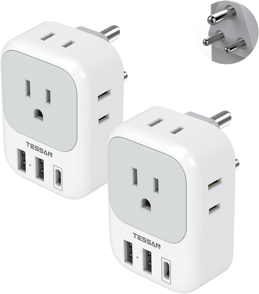 India Plug Adapter 2 Pack, TESSAN Type D Travel Adapter with 4 Outlets 3 USB Charger (1 USB C Port), US to Indian Outlet Adaptor for USA to Bangladesh, India, Kuwait, Maldives