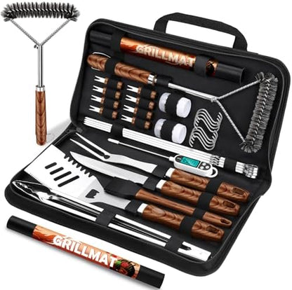 RINPIR 31pcs BBQ Grill Accessories Gifts for Men Dad, Heavy Duty Grilling Tools Gift Set for Father‘s Day, Stainless Steel BBQ Utensils Kit with Mats, Grill Brush in Carrying Bag Brown