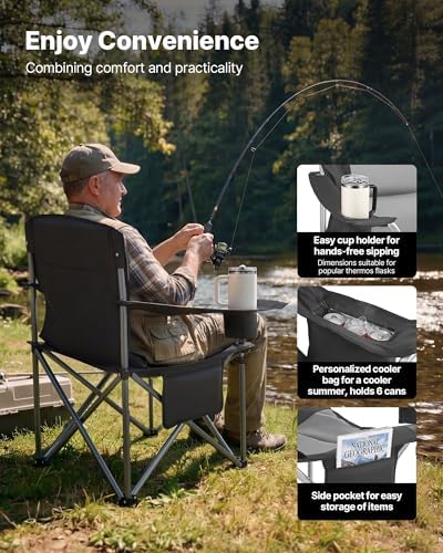 VEVOR Oversized Camping Folding Chair, Portable Heavy Duty Outdoor Quad Lumbar Back Padded with Side Pockets, Cup Holder and Cooler Bag for Beach, Lawn, Picnic, Fishing, Backpacking, 2 Pack