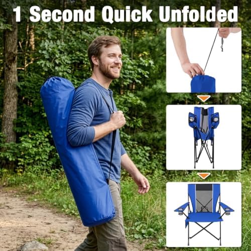Romswi Oversized Portable Folding Camping Chair for Adults, Heavy Duty Outdoor Sports Chair with Dual Cup Holders, Side Pocket and Carry Bag, for Lawn, Beach, Fishing, Picnic and Tailgating,Blue