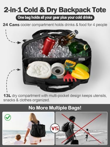 Odoland 2-in-1 Beach Cooler Bag-24 Can + 13L Dry Storage 12H Insulated