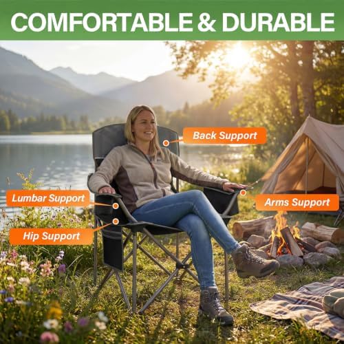 Oversized Camping Chairs 2 Pack - Heavy Duty 400LBS Padded Lawn Chair with Cooler Bag,Cup Holder,Side Pocket,Collapsible for Outdoor,Camp,Fishing & Garden,Black