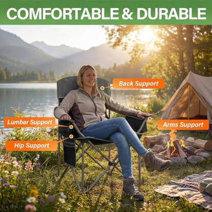 Oversized Camping Chairs 2 Pack - Heavy Duty 400LBS Padded Lawn Chair with Cooler Bag,Cup Holder,Side Pocket,Collapsible for Outdoor,Camp,Fishing & Garden,Black
