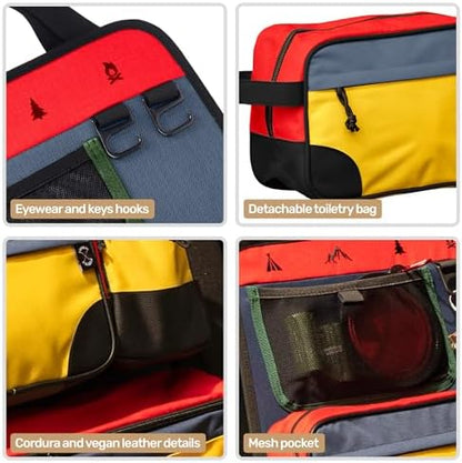 Living in a Bubble Seat back Organizer – Magnetic Toiletry and Cooler Pouch, Cordura Car Backseat Storage with Device Holder & Hooks, Multi-Compartment Utility Bag for Campervans & Family Travel