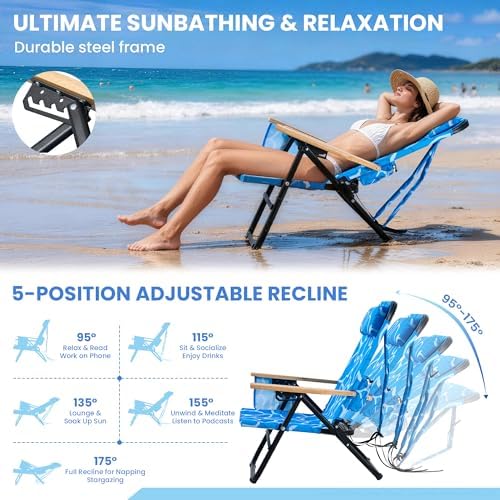 2 Pack Premium 5-Position Reclining Camping Chair Portable Folding Lightweight Outdoor Chair with Wooden Armrests, Headrest & Pockets, 350lbs Heavy Duty for Beach, Patio, Ocean Wave Blue