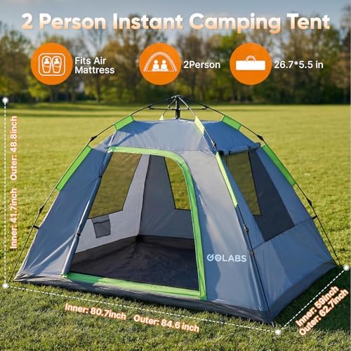 Golabs Pop Up Camping Tent for 2/3 Person, Quick Setup by Pre-Attached Pole