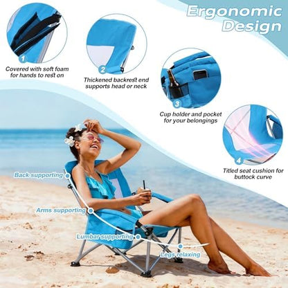 HaSteeL Low Beach Chairs for Adults, Lightweight Camping Folding Chair with Carrying Bag, Portable for Outdoors Lawn Backyard Patio RV Trip Fishing Sport Tailgating, Support 300LBS, Blue, 2 Pack