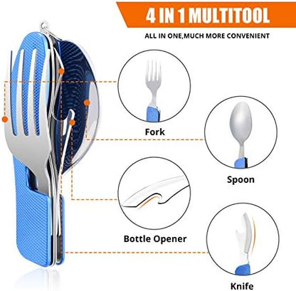 Camping Utensils, 4-in-1 Stainless Steel Fork Spoon Knife Set(Blue)