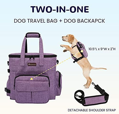 Modoker Dog Travel Organizer Carriers for Supplies & Accessories, Airline Approved Cat Pet Travel Bag, 2 Collapsible Bowls, 2 Travel Dog Food Container, Purple
