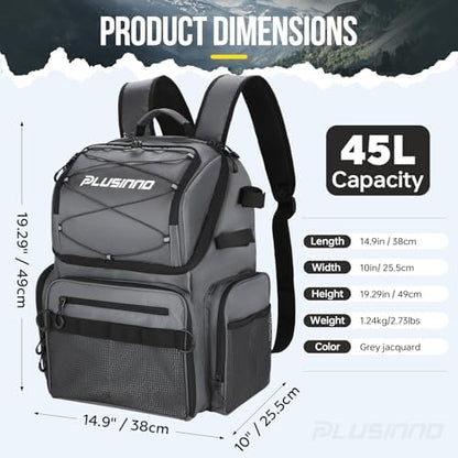 PLUSINNO Cooler Fishing Backpack with Rod Holders 45L Large Water-resistant Fishing Tackle bag Store Fishing Gear Fishing Gifts for Men Father