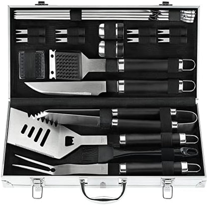 POLIGO 22PCS Heavy Duty BBQ Grill Accessories Set, Non-Slip Grill Tools for Outdoor Grill Set Stainless Steel Grill Utensils Set, Deluxe Grilling Tools Set in Aluminum Case Ideal Gifts for Men Black