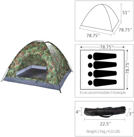 3-4 Person Camping Dome Tent with Waterproof Oxford Floor, UV-Resistant Polyester Cover, Easy Setup Lightweight Outdoor Shelter for Hiking, Backpacking & Weekend Adventures