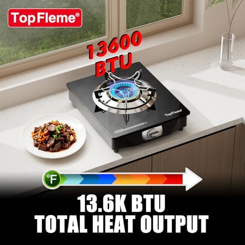 1 Burner Propane Stove 13,600 BTU High-Efficiency Tempered Glass Auto-Ignition Gas Burner Stove Top with CSA Hose for Outdoor RV Camping Emergency Cooking