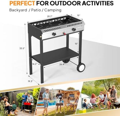Bonnlo 2 Burner Propane Gas Stove with Auto Ignition, 150,000 BTU Portable Outdoor Camp Cooker Stove with Convenient Shelf & Smooth Rolling Wheels for Backyard, Camping, Tailgating, Patio Parties