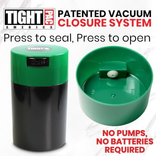 Tightvac - 1 oz to 6 ounce Airtight Multi-Use Vacuum Seal Portable Storage Container for Dry Goods, Food, and Herbs - Dark Green Cap & Black Body