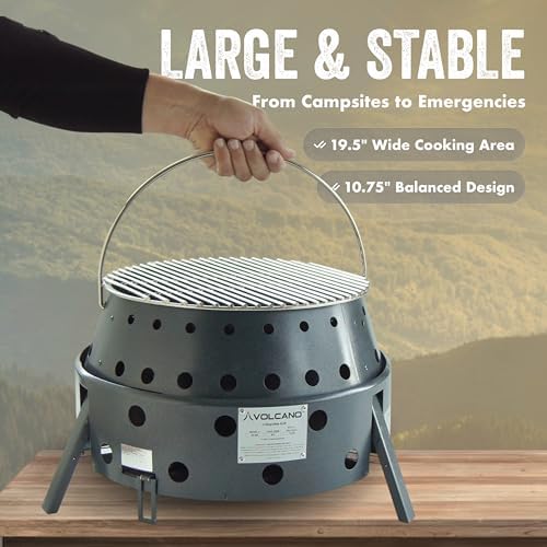 Volcano 2 Collapsible Grill/Stove, Portable Camping Charcoal or Wood Cooker, Folding Outdoor Grill with Carrying Case, 13" Cooking Surface, Compact Steel Camp Cooker for Tailgating Backyard Use