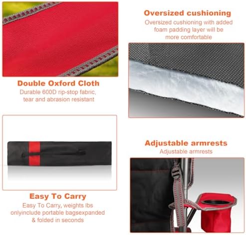 Oversized Padded Camping Chairs for Adults,Heavy Duty Support 400 Lbs,Folding Portable Lawn Chair w/Cup Holder,Cooler Bag,Side Pocket,Perfect for Outdoor Picnic,Hiking(Red)