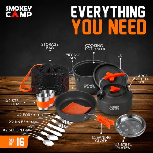 Smokey Camp Camping Cookware Mess Kit Set with Stove - Backpacking Camping Pots and Pans Set, All in One Non-Stick Camping Cooking Set, Portable Stove, Hiking, Picnic, Outdoor & Camping Cookware Set