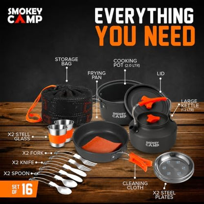 Smokey Camp Camping Cookware Mess Kit Set with Stove - Backpacking Camping Pots and Pans Set, All in One Non-Stick Camping Cooking Set, Portable Stove, Hiking, Picnic, Outdoor & Camping Cookware Set