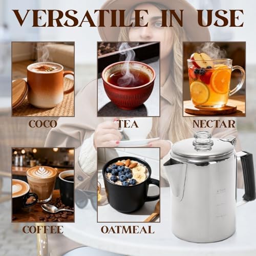 Cididu Camping Coffee Pot Stainless Steel, Coffee Pot Outdoors, Durable Stove Top Brew Coffee Maker on Fire, Ideal for Group Camping, Hiking, Backpacking, RV and Travel, 9 Cups