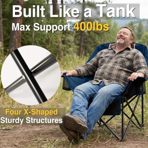 Oversized Camping Chair for Adults - Heavy Duty 400 lbs Padded Folding Chair with Wine Glass Holder, 2 Cup Holders & Side Pockets, Portable Carry Bag for RV, Tailgating, Lawn