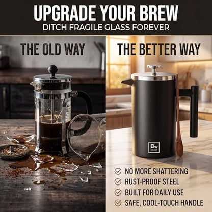 Barista Warrior French Press Coffee Maker - Double-Wall Stainless Steel Insulated French Press with Built-In Thermometer, Dual Filters Coffee Maker with Wooden Spoon - Black