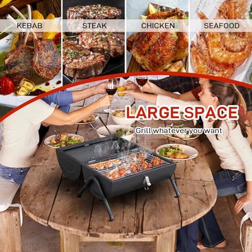 15" Portable Charcoal Grill,Tabletop Outdoor Barbecue Smoker,Heavy Duty Outdoor BBQ Grill,Vertical Camping Barbecue Grill,with Thermometer & Wooden Handle,for Garden Patio Beach Backyard (Black)