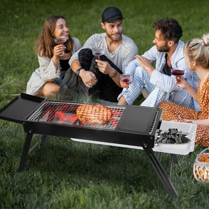 KOCASO Foldable Charcoal BBQ Grill with Shelf Stainless Steel Grill Net Easy Setup Portable Tabletop Barbecue Grill for Camping Picnic Outdoor Party Backyard