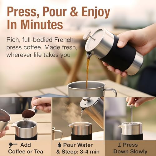 Small French Press Coffee Maker Set - 12 oz | Portable Travel French Press Coffee Maker | Double Wall Insulated with Dual Stainless Filters & 2 Steel Canisters for Grounds, Tea, Creamer & Sugar