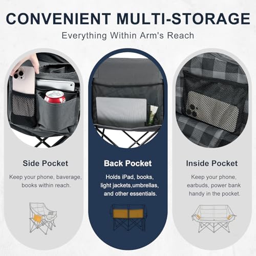 Double Camping Chair 2 Person Loveseat, 800LBS Heavy Duty Chair, Plaid
