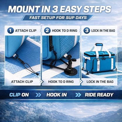 Paddle Board Cooler Bag, 25L Insulated SUP Deck Bag Fits 30 Cans, Water-Resistant Kayak Cooler with Top Bungee Storage, 6 Elastic Clips, Shoulder Strap & Bottle Opener, Paddle Board Accessories