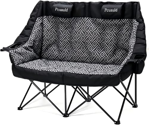 High Back Double Camping Chair Padded Folding Loveseat with Adjustable Pillows Heavy Duty 2 Person Camping Lawn Chairs for Adults with Cup Holders & Wine Racks for Outdoor Sports Beach Fishing